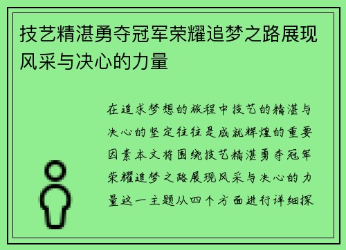 技艺精湛勇夺冠军荣耀追梦之路展现风采与决心的力量