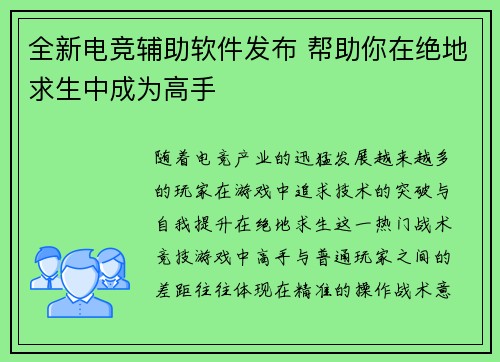 全新电竞辅助软件发布 帮助你在绝地求生中成为高手