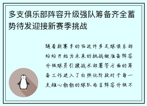 多支俱乐部阵容升级强队筹备齐全蓄势待发迎接新赛季挑战