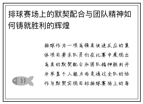 排球赛场上的默契配合与团队精神如何铸就胜利的辉煌