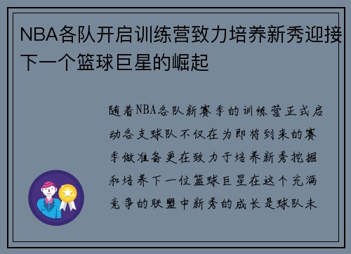 NBA各队开启训练营致力培养新秀迎接下一个篮球巨星的崛起