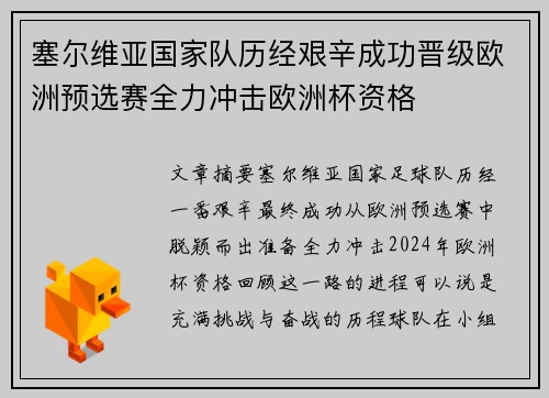 塞尔维亚国家队历经艰辛成功晋级欧洲预选赛全力冲击欧洲杯资格