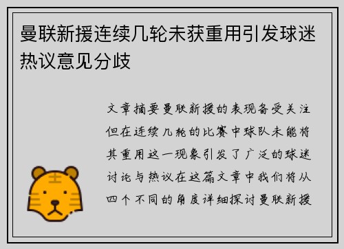 曼联新援连续几轮未获重用引发球迷热议意见分歧