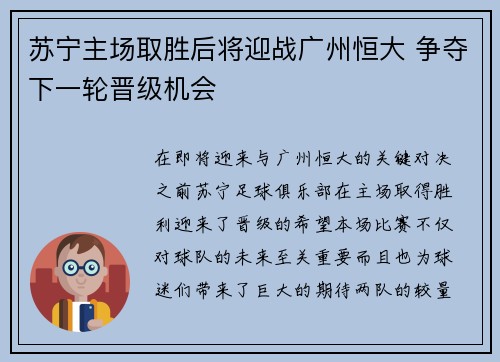 苏宁主场取胜后将迎战广州恒大 争夺下一轮晋级机会