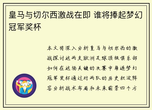 皇马与切尔西激战在即 谁将捧起梦幻冠军奖杯