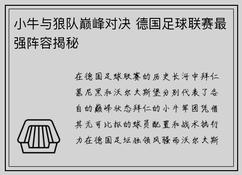 小牛与狼队巅峰对决 德国足球联赛最强阵容揭秘