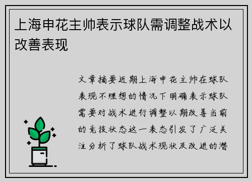 上海申花主帅表示球队需调整战术以改善表现