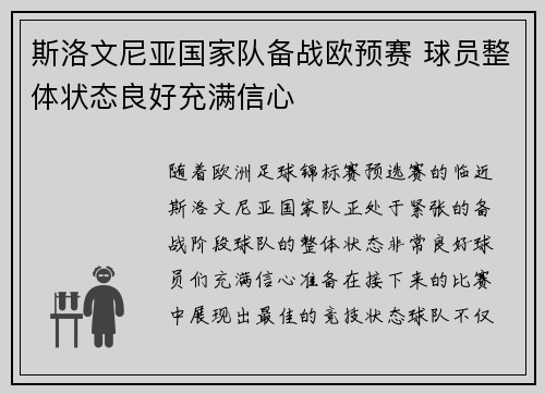 斯洛文尼亚国家队备战欧预赛 球员整体状态良好充满信心