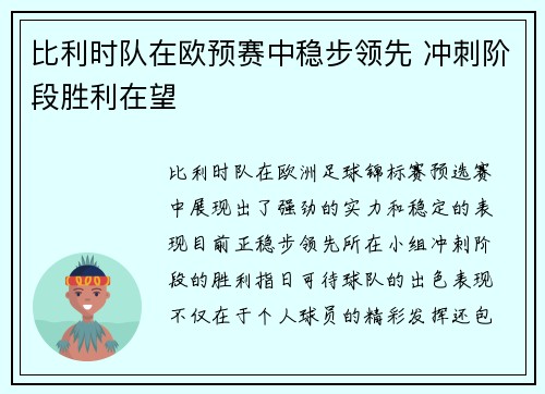 比利时队在欧预赛中稳步领先 冲刺阶段胜利在望