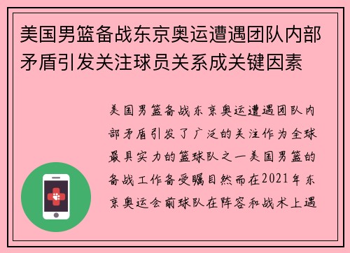 美国男篮备战东京奥运遭遇团队内部矛盾引发关注球员关系成关键因素