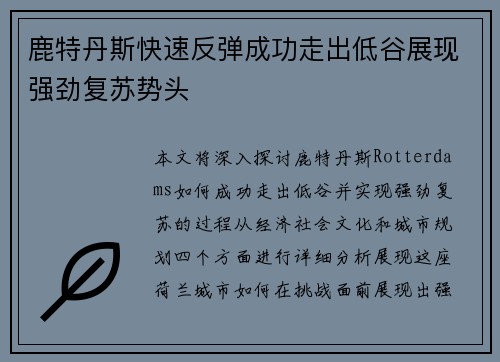 鹿特丹斯快速反弹成功走出低谷展现强劲复苏势头