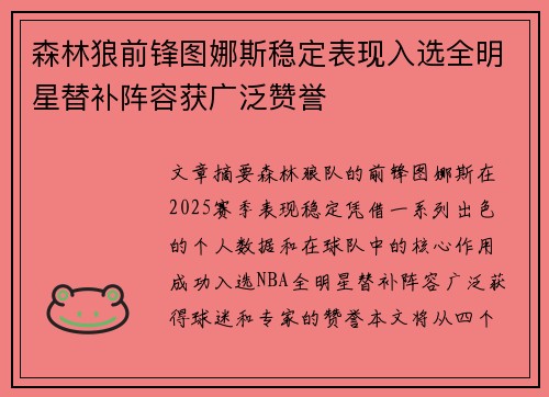 森林狼前锋图娜斯稳定表现入选全明星替补阵容获广泛赞誉