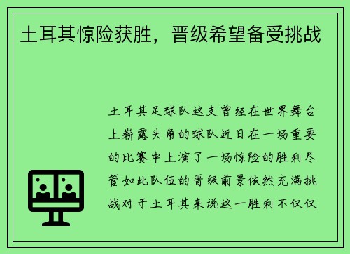 土耳其惊险获胜，晋级希望备受挑战