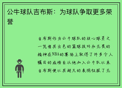 公牛球队吉布斯：为球队争取更多荣誉