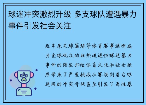 球迷冲突激烈升级 多支球队遭遇暴力事件引发社会关注